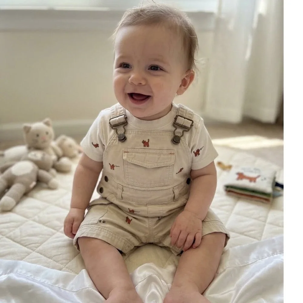 VTG Gymboree Baby Boy 2pc Set Khaki Tiger Embroidered Cargo Overalls Shirt 6-12M